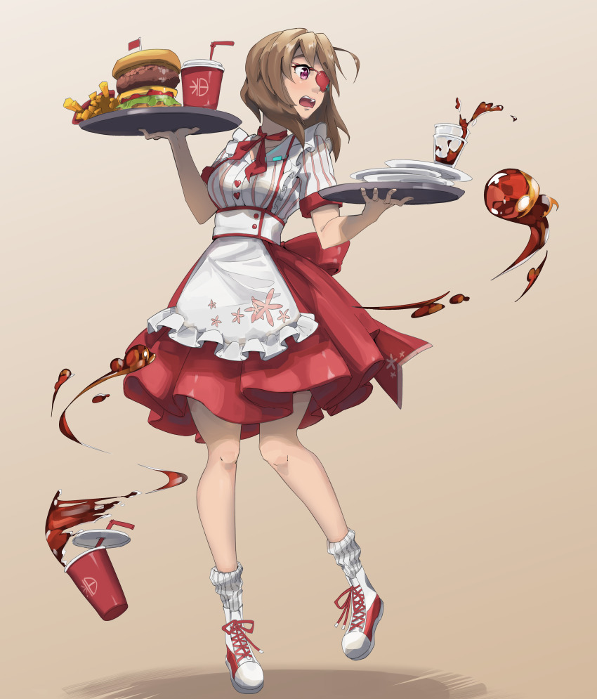 1girl, absurdres, apron, brown_hair, citrushn_(sushimiganbo), dress, eyepatch, fire