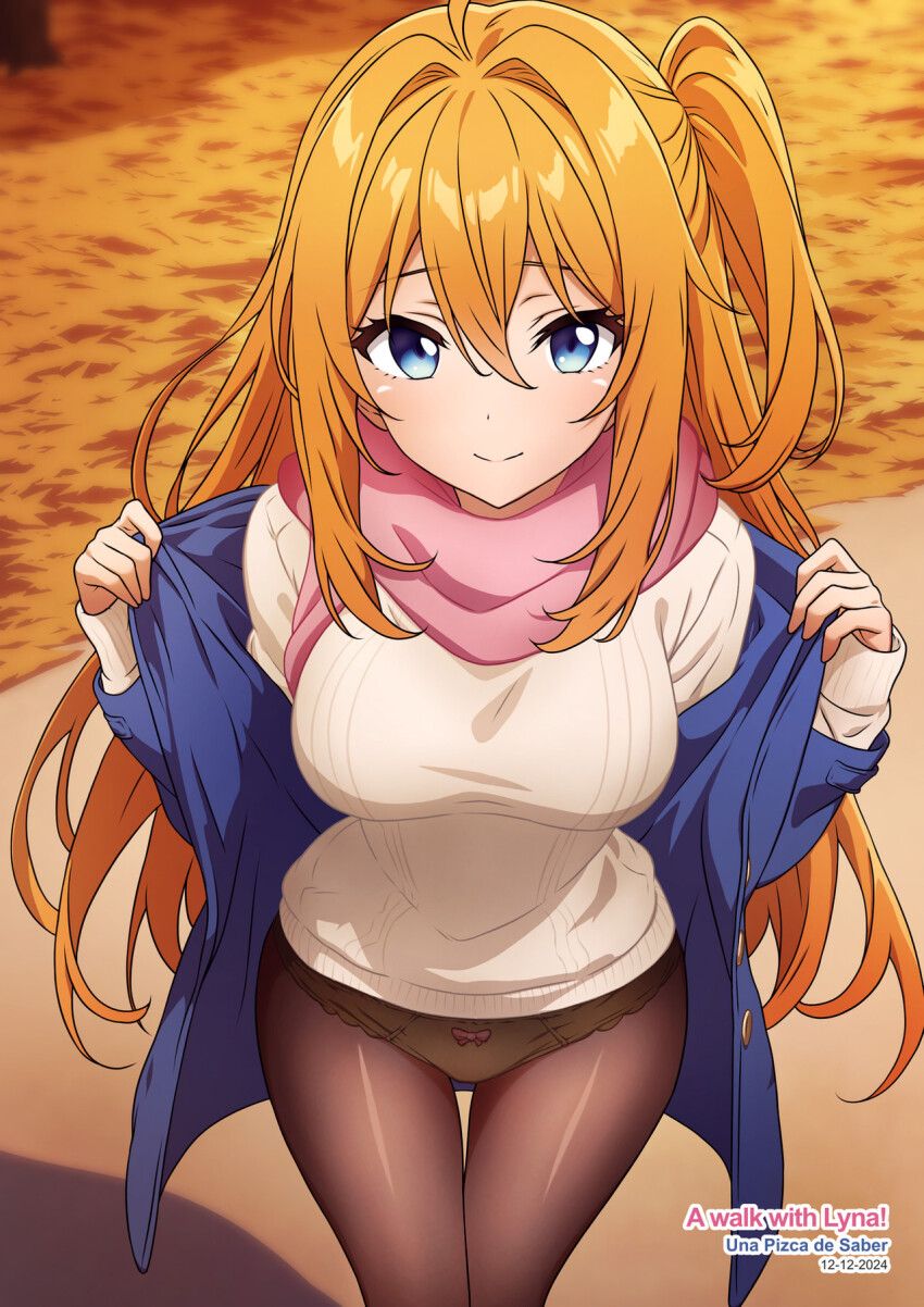 ahoge, anime_coloring, autumn, autumn_leaves, blue_coat, blue_eyes, blurry, blurry_background