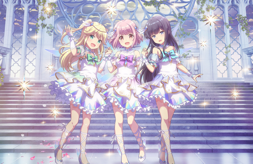 3girls, :d, black_hair, blonde_hair, blush, braid, breasts, diamond_hair_ornament