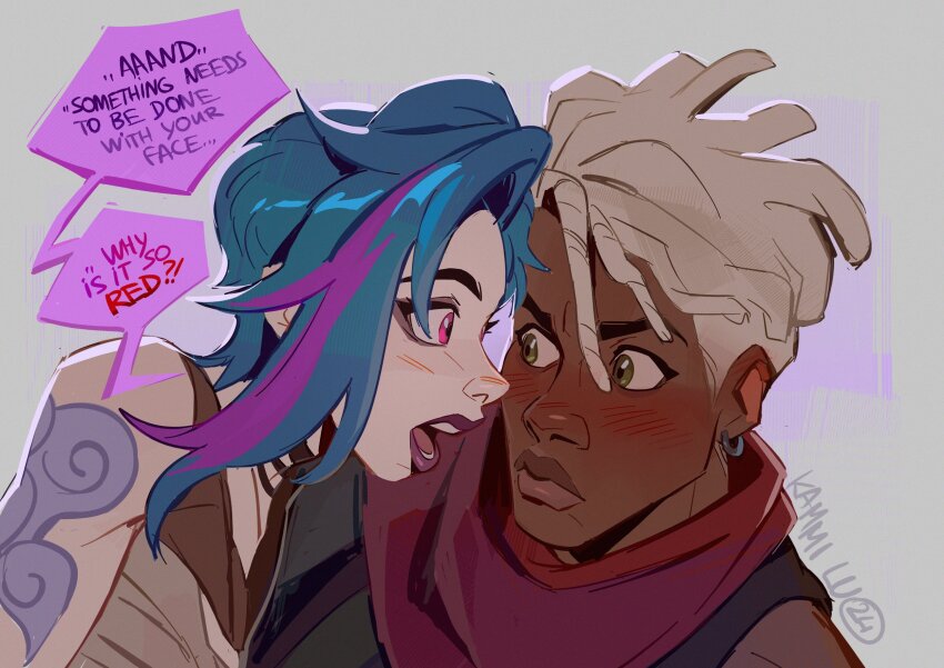 1boy, 1girl, arcane:_league_of_legends, arcane_fractured_jinx, artist_name, bare_shoulders, blush, brown_eyes