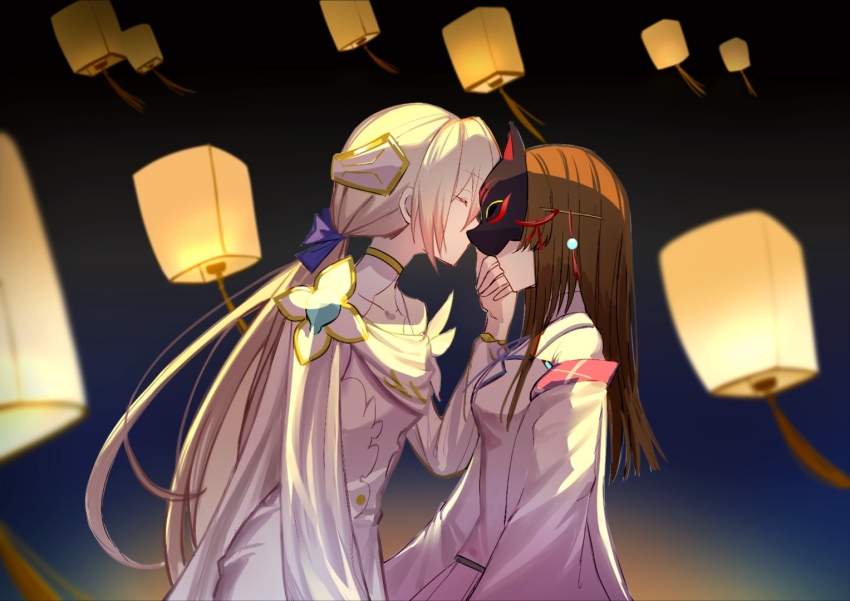 2girls, blonde_hair, braid, breasts, brown_hair, commission, dress, fox_mask, hair_ornament, hair_stick, heaven_burns_red, kiryuu_miya, kr_woyue, lantern, long_hair, mask, mask_on_head, multiple_girls, paper_lantern, ponytail, shirakawa_yuina, shirakawa_yuina_(infernal_sanctuary), shirt, sidelocks, sky_lantern, white_dress, white_shirt, wide_sleeves, yuri