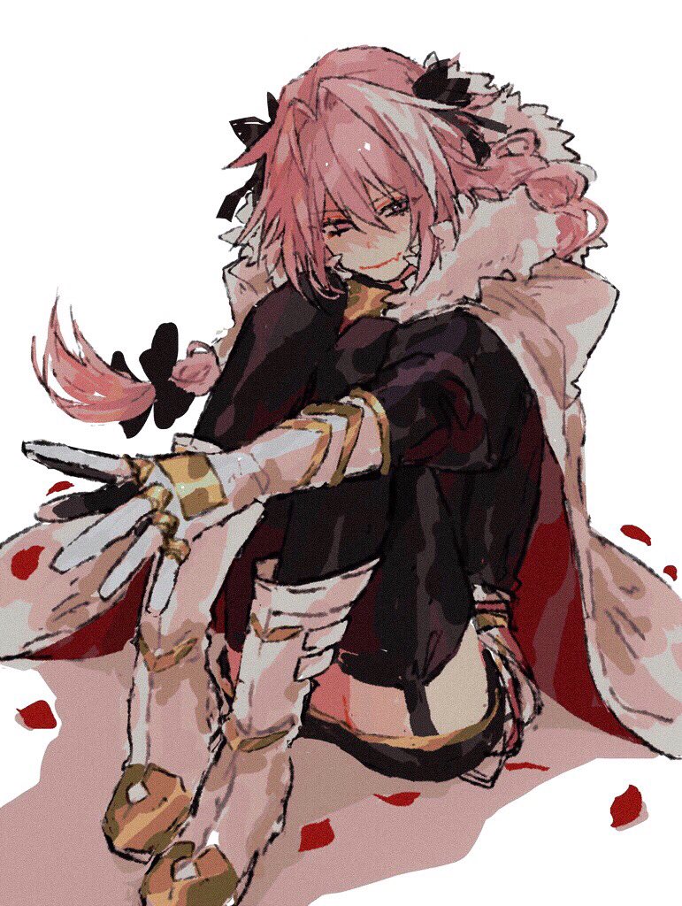 1boy, androgynous, arm_on_knee, astolfo_(fate), astolfo_(rider)_(fate), black_bow, black_garter_straps, black_sweater, black_thighhighs, bow, braid, cape, closed_mouth, fang, fate/apocrypha, fate_(series), full_body, fur-trimmed_cape, fur_trim, garter_straps, gauntlets, gold_trim, gorget, hair_between_eyes, hair_bow, hair_intakes, kuroneko0309252, long_hair, looking_at_viewer, male_focus, multicolored_hair, on_floor, petals, pink_eyes, pink_hair, purple_eyes, rose_petals, shadow, single_braid, sitting, skin_fang, smile, solo, streaked_hair, sweater, thighhighs, two-sided_cape, two-sided_fabric, two-tone_hair, white_background, white_cape, white_footwear, white_hair, zettai_ryouiki