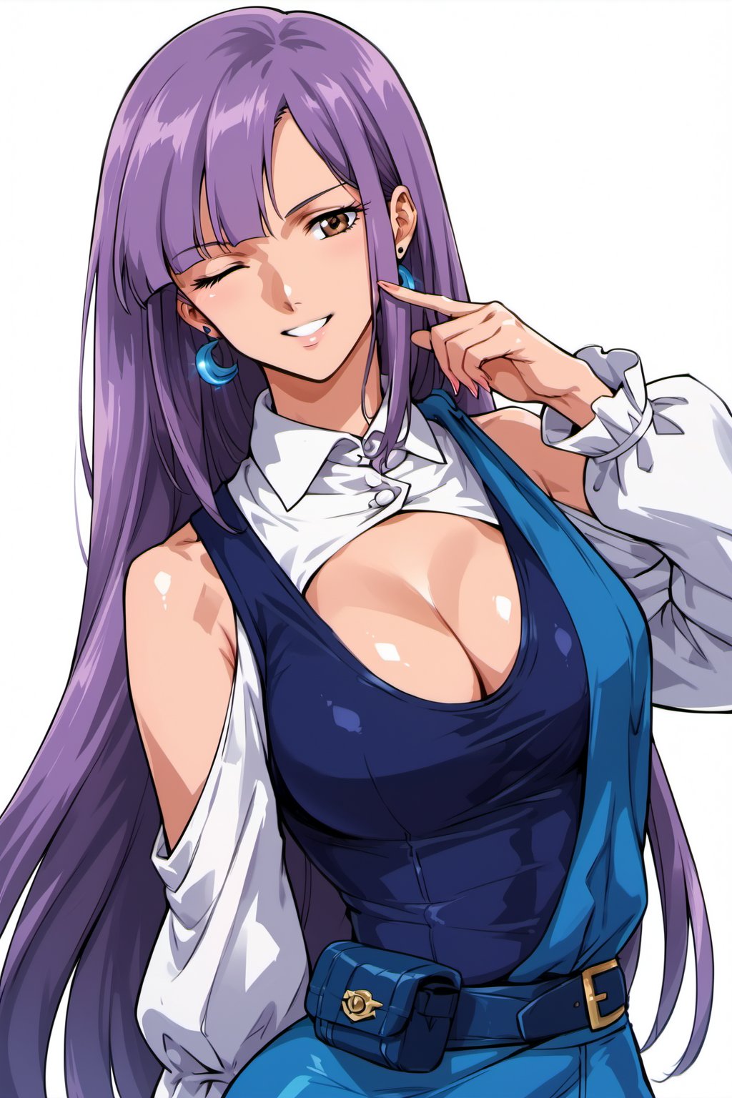 1girl, blue_tank_top, blush, breasts, brown_eyes, cleavage, clothing_cutout, earrings, grey_background, gundam, gundam_zz, highres, jewelry, large_breasts, lips, long_hair, looking_at_viewer, one_eye_closed, pouch, purple_hair, rickykeigo, roux_louka, shoulder_cutout, smile, solo, spandex, tank_top, white_background