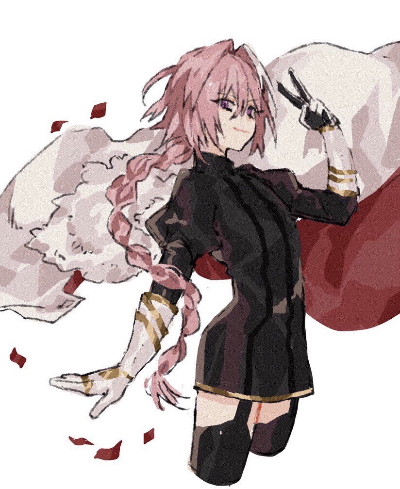 1boy, armored_skirt, astolfo_(fate), astolfo_(rider)_(fate), black_bow, black_sweater, bow, braid, cape, closed_mouth, cropped_legs, fate/apocrypha, fate_(series), fur-trimmed_cape, fur_trim, gauntlets, gorget, hair_between_eyes, hair_bow, hair_intakes, juliet_sleeves, kuroneko0309252, long_hair, long_sleeves, male_focus, multicolored_hair, petals, pink_hair, puffy_sleeves, purple_eyes, rose_petals, simple_background, single_braid, smile, solo, streaked_hair, sweater, thighhighs, trap, two-sided_cape, two-sided_fabric, two-tone_hair, unworn_cape, v, white_background, white_cape, white_hair, zettai_ryouiki