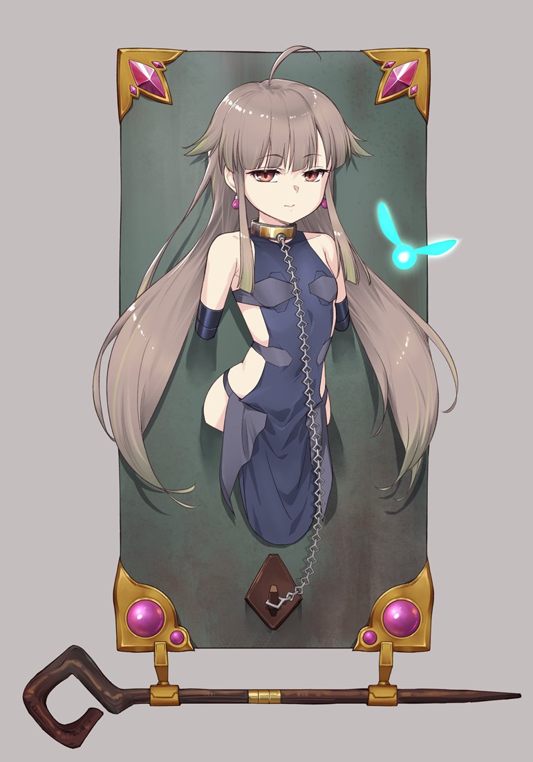 1girl, ahoge, bare_shoulders, blue_dress, brown_eyes, chain, chain_leash, collar