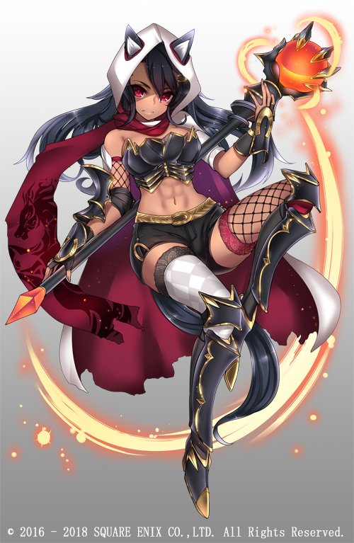 1girl, anger_horse_(grimms_notes), animal_ear_hood, asymmetrical_legwear, black_hair, black_shorts, breasts, copyright_notice, dark-skinned_female, dark_skin, fake_animal_ears, full_body, gradient_background, grimms_notes, holding, holding_staff, holding_weapon, hood, long_hair, midriff, mismatched_legwear, navel, official_art, red_eyes, shorts, solo, staff, t-track, weapon, white_background, white_hood