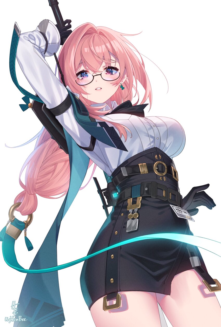 1girl, absurdres, arm_up, artist_name, black_gloves, black_skirt, breasts, cowboy_shot