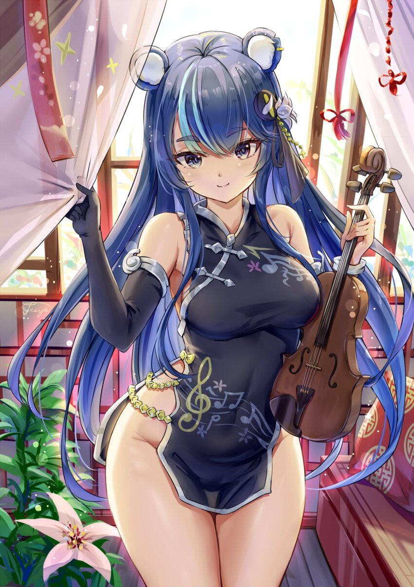 1girl, adapted_costume, animal_ear_piercing, animal_ears, architecture, bare_shoulders, bear_ears, black_dress, black_gloves, blue_eyes, blue_hair, breasts, china_dress, chinese_clothes, closed_mouth, covered_navel, cowboy_shot, dress, east_asian_architecture, elbow_gloves, fii_fii_(feefeeowo), flower, fujikura_uruka, fujikura_uruka_(elite), gloves, groin, hair_flower, hair_ornament, highres, holding, holding_instrument, holding_violin, impossible_clothes, impossible_dress, instrument, long_hair, long_sidelocks, looking_at_viewer, medium_breasts, microdress, multicolored_hair, musical_note, musical_note_print, no_panties, official_alternate_costume, phase_connect, see-through_silhouette, side_slit, sidelocks, sleeveless, sleeveless_dress, smile, solo, streaked_hair, thick_eyebrows, tight_clothes, very_long_hair, violin, virtual_youtuber