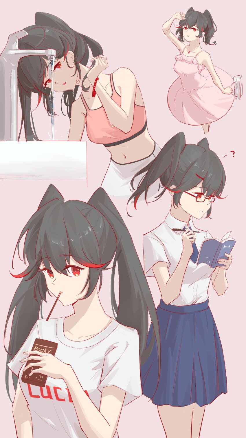 ?, alternate_costume, alternate_hair_length, alternate_hairstyle, armlet, bag, bare_shoulders, black_hair, blue_necktie, blue_skirt, bra, collared_shirt, dress, food, food_in_mouth, glasses, grey_shorts, hair_ornament, hairclip, highres, holding, holding_bag, holding_pen, jewelry, long_hair, lucia_(pgr), multicolored_hair, navel, necktie, pen, pink_bra, pink_dress, pocky, pocky_in_mouth, punishing:_gray_raven, red_eyes, red_hair, shirt, short_sleeves, shorts, skirt, sleeveless, sleeveless_dress, sports_bra, streaked_hair, twintails, underwear, white_shirt, yume_3327