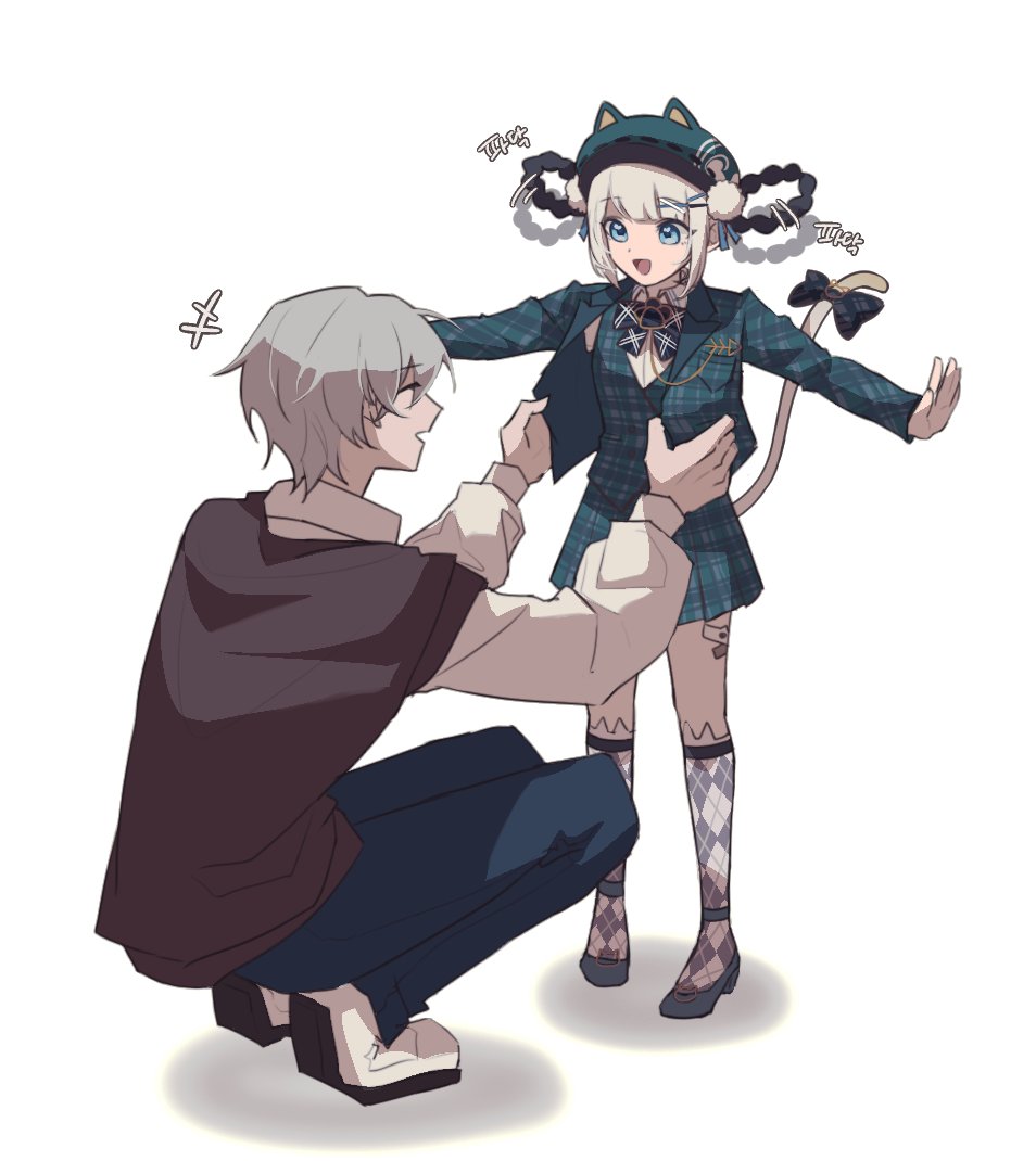 1boy, 1girl, animal_ear_headwear, animal_ears, bambinata_(pgr), black_hair, black_pants, bow