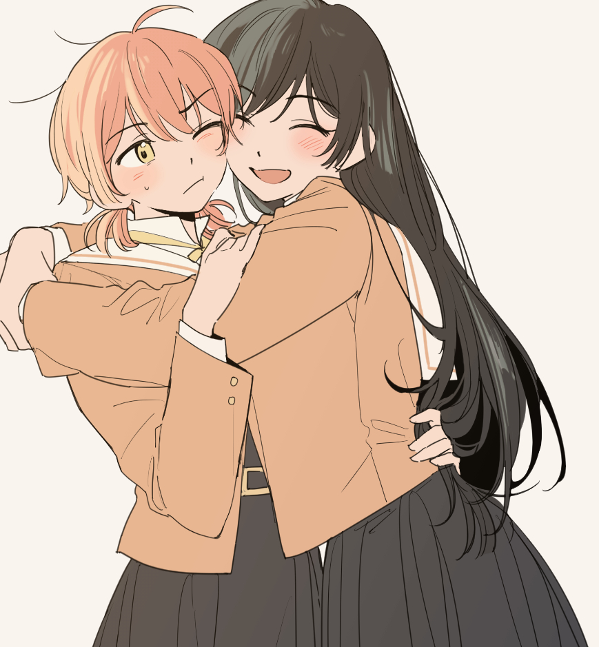 2girls, ahoge, belt, bibi_(p_pp8888), black_hair, blush, brown_cardigan, cardigan, closed_eyes, cowboy_shot, dress, hand_on_another's_back, hug, koito_yuu, long_hair, low_twintails, multiple_girls, nanami_touko, orange_hair, pinafore_dress, ribbon, sailor_collar, school_uniform, sleeveless, sleeveless_dress, smile, sweatdrop, tohmi_higashi_high_school_uniform, twintails, yagate_kimi_ni_naru, yellow_eyes, yellow_ribbon, yuri