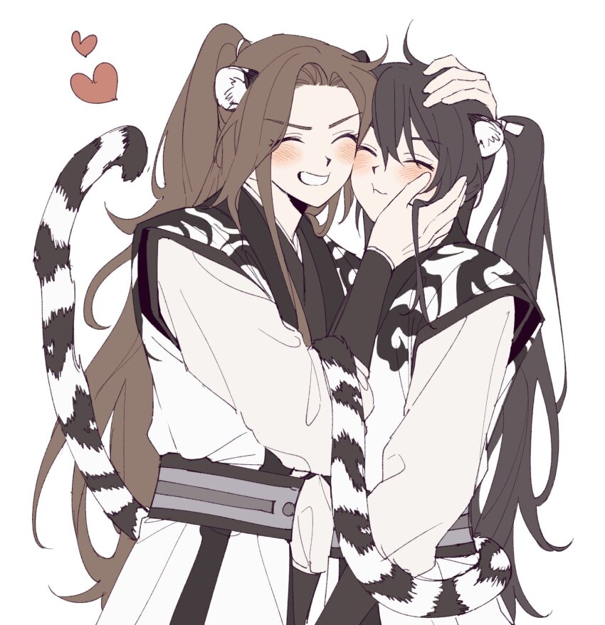 2boys, animal_ears, bibi_(p_pp8888), black_hair, blush, brown_hair, cheek-to-cheek, chinese_clothes, closed_eyes, cowboy_shot, grin, hand_on_another's_cheek, hand_on_another's_face, heads_together, heart, high_ponytail, highres, hyo_wol, jinhongi, kemonomimi_mode, long_hair, long_sleeves, male_focus, multiple_boys, ponytail, sash, seol_young, smile, tail, tiger_boy, tiger_ears, tiger_tail