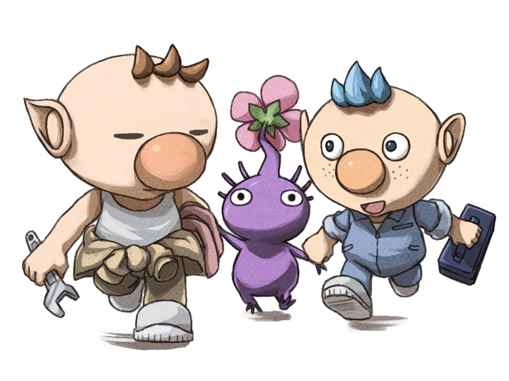 2boys, alph_(pikmin), alternate_costume, arm_up, large_nose, black_eyes, blue_hair, blue_jumpsuit