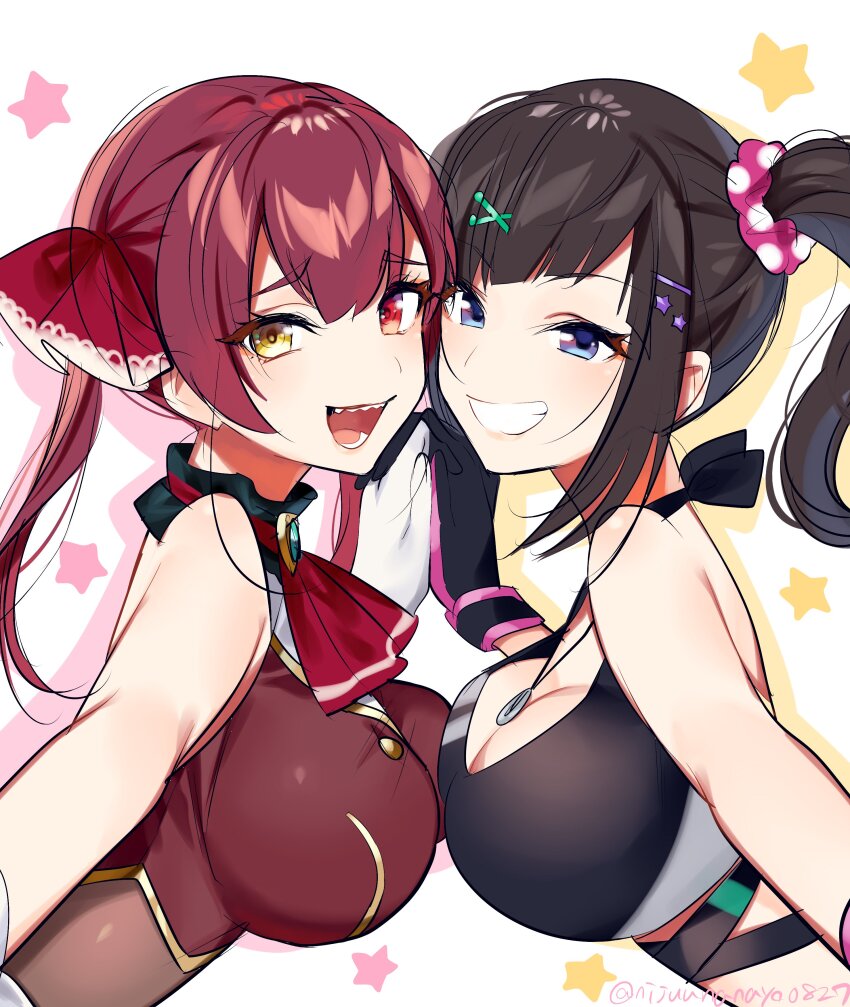 :d, absurdres, bare_shoulders, black_gloves, black_hair, blue_eyes, breasts, brown_eyes