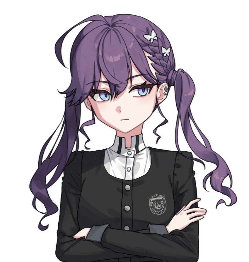 1girl, ahoge, bikbuk14, blue_eyes, butterfly_hair_ornament, crossed_arms, earrings, gakuen_idolmaster