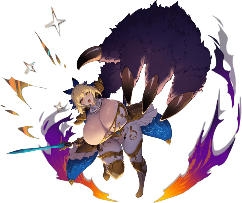 1girl, armor, armored_gloves, beast_arm, blonde_hair, blush, bouncing_breasts, bow