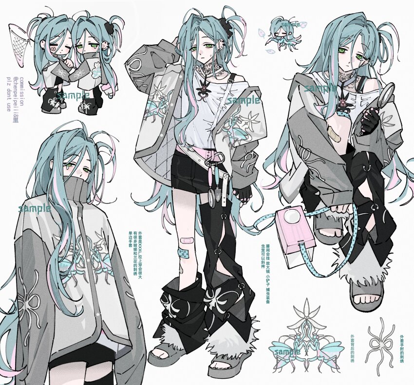 6+girls, absurdres, bandaid, bandaid_on_leg, black_shorts, blue_hair, chenpeipeii, chibi