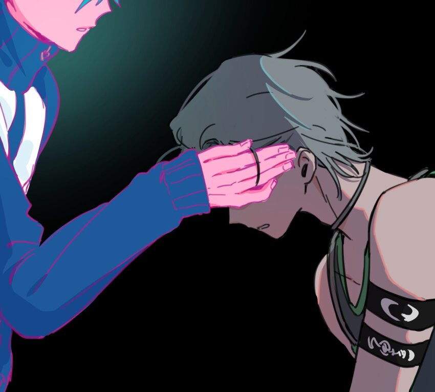 2boys, alien_stage, black_background, blue_jacket, chocorocotan, choker, commentary, dual_persona