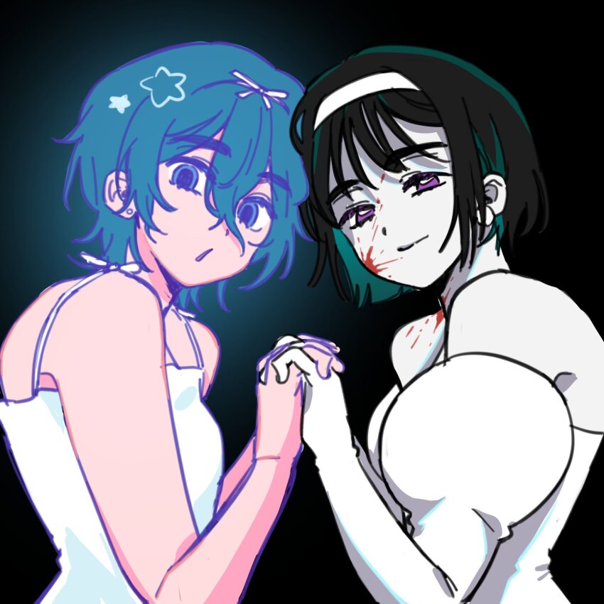 2girls, alien_stage, bare_shoulders, black_background, black_hair, blood, blood_on_face, blood_on_neck