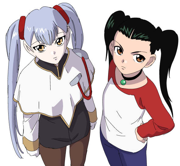 2girls, black_choker, black_hair, black_skirt, blue_hair, brown_eyes, choker, closed_mouth