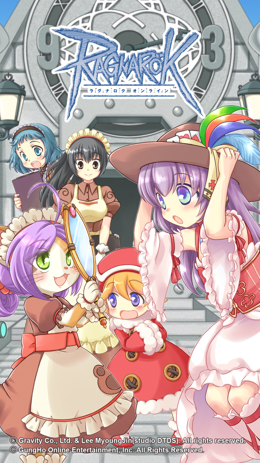5girls, :3, ahoge, alty_(ragnarok_online), animal_ears, apron, blonde_hair, blossom_(ragnarok_online)