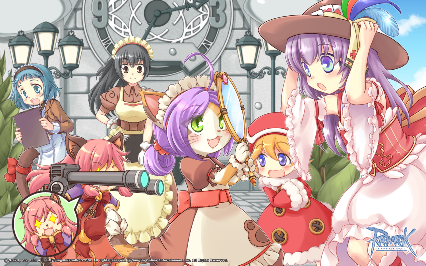 +_+, 6+girls, :3, ahoge, alty_(ragnarok_online), animal_ears, apron, binoculars