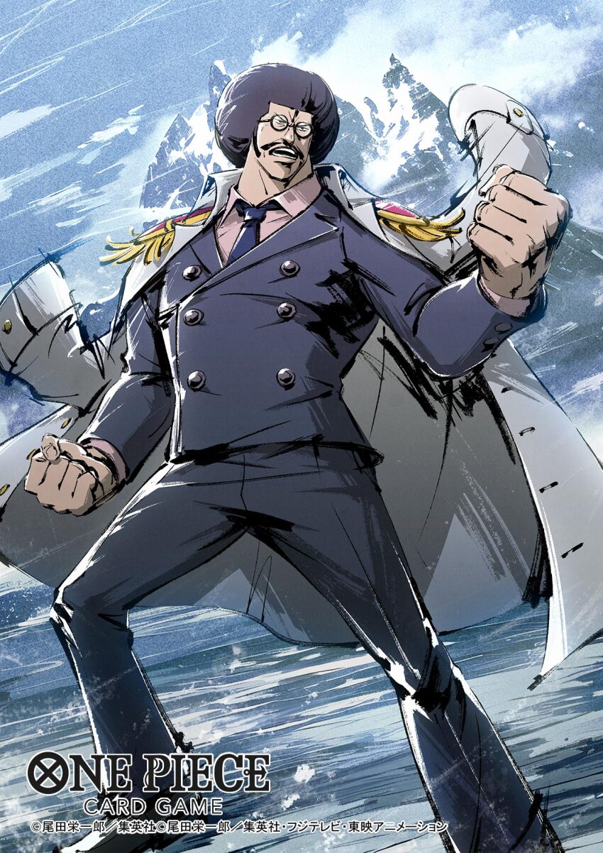 1boy, aged_down, black_hair, clenched_hands, coat, coat_on_shoulders, collared_shirt, commentary_request, copyright_name, epaulettes, facial_hair, formal_clothes, highres, looking_to_the_side, male_focus, mountain, mustache, necktie, nukadoko_mogera, official_art, one_piece, one_piece_card_game, pink_shirt, sengoku_(one_piece), shirt, sideburns, solo, suit