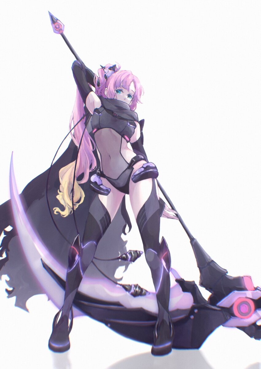 1girl, anyoji_hime, arm_up, armpits, black_cape, black_footwear, black_leotard, black_thighhighs