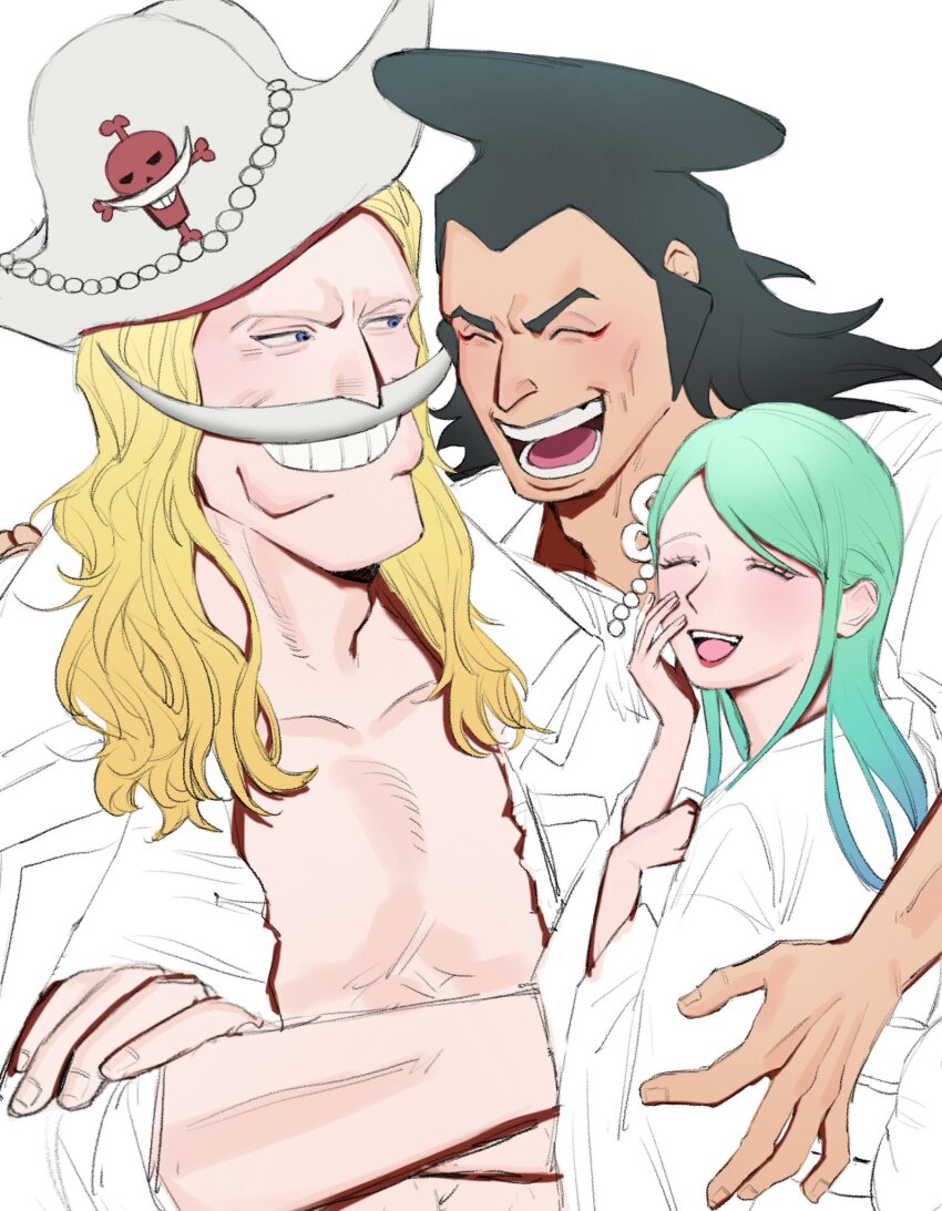 1girl, 2boys, ^_^, black_hair, blonde_hair, closed_eyes, commentary_request, couple