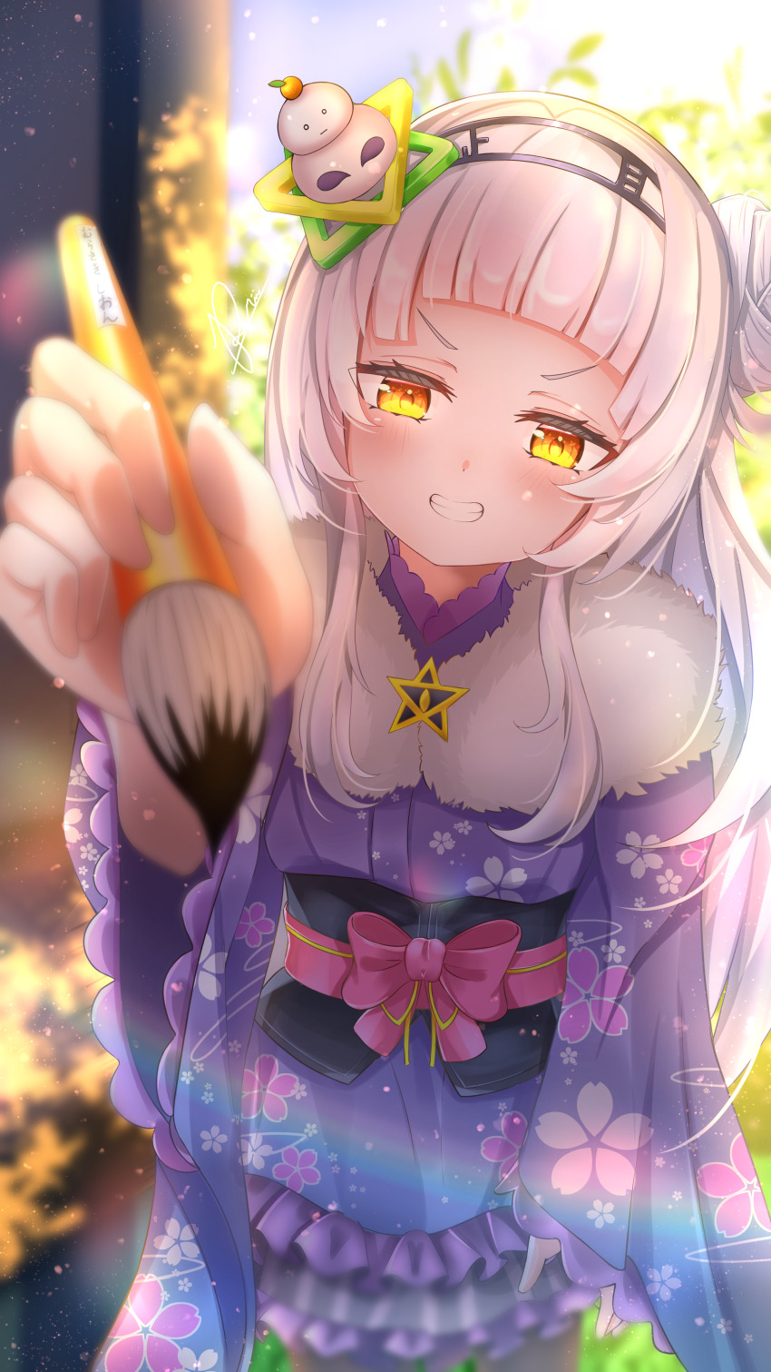 1girl, absurdres, arched_bangs, black_pantyhose, calligraphy_brush, cherry_blossom_print, commentary_request, floral_print