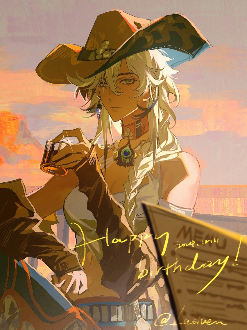 1girl, alcohol, argus_(reverse:1999), artist_name, bare_shoulders, blonde_hair, braid, brown_choker