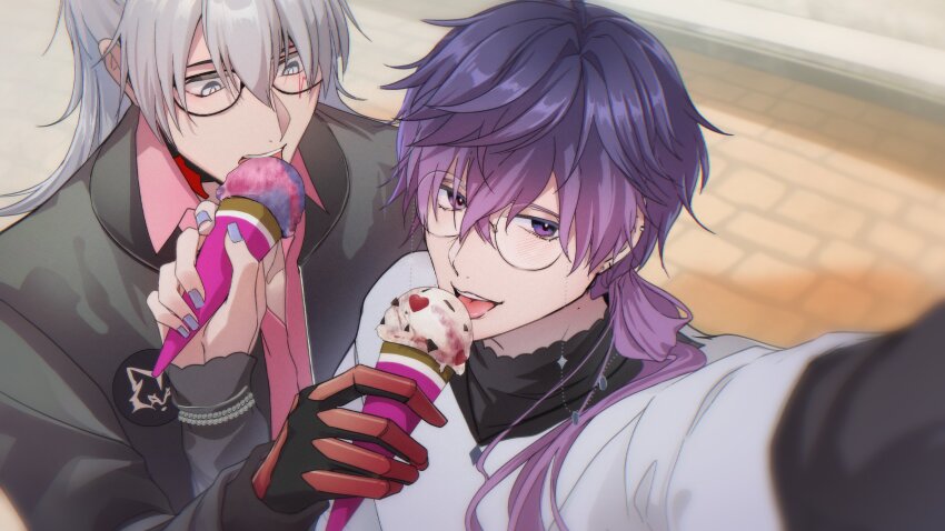 2boys, absurdres, arm_up, black-framed_eyewear, black_jacket, black_shirt, blurry, blurry_background