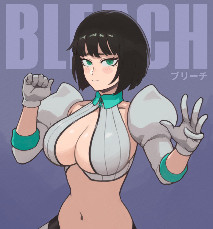 1girl, black_hair, bleach, bleach:_sennen_kessen-hen, blush, breasts, cleavage_cutout, closed_mouth