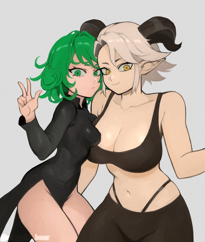 2girls, absurdres, asymmetrical_docking, black_bra, black_horns, black_pants, borrowed_character, bra