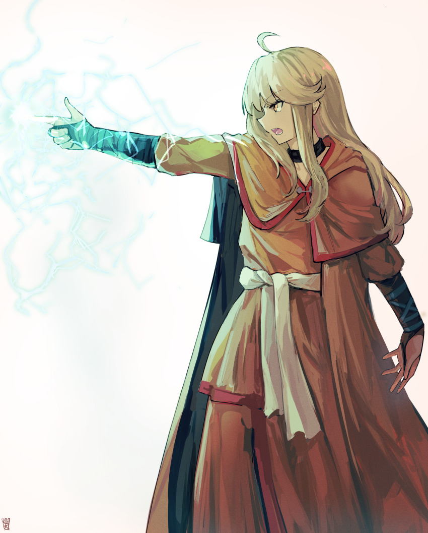 1girl, absurdres, cape, dress, finger_gun, highres, lightning, magic, megami_tensei, megami_tensei_ii, ootato, orange_dress, partner_(megami_tensei_ii), robe, sash, white_background, white_sash