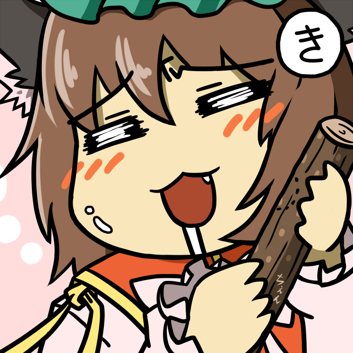 :3, =_=, animal_ears, bite_mark, brown_hair, cat_ears, check_commentary, chen