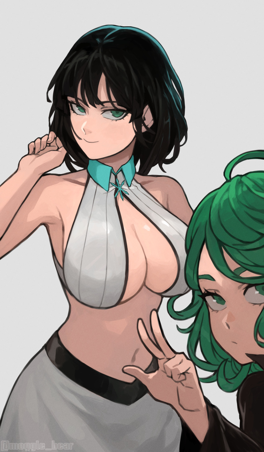 2girls, absurdres, armpit_crease, artist_name, black_hair, bleach, bleach:_sennen_kessen-hen, breast_envy, breasts, cleavage, cleavage_cutout, closed_mouth, clothing_cutout, cosplay, female_focus, fubuki_(one-punch_man), green_eyes, green_hair, highres, inoue_orihime, inoue_orihime_(cosplay), large_breasts, looking_at_viewer, matching_hair/eyes, midriff, mogglebear, multiple_girls, navel, one-punch_man, short_hair, siblings, simple_background, sisters, sleeveless, smile, tatsumaki, twitter_username, v, w, white_background