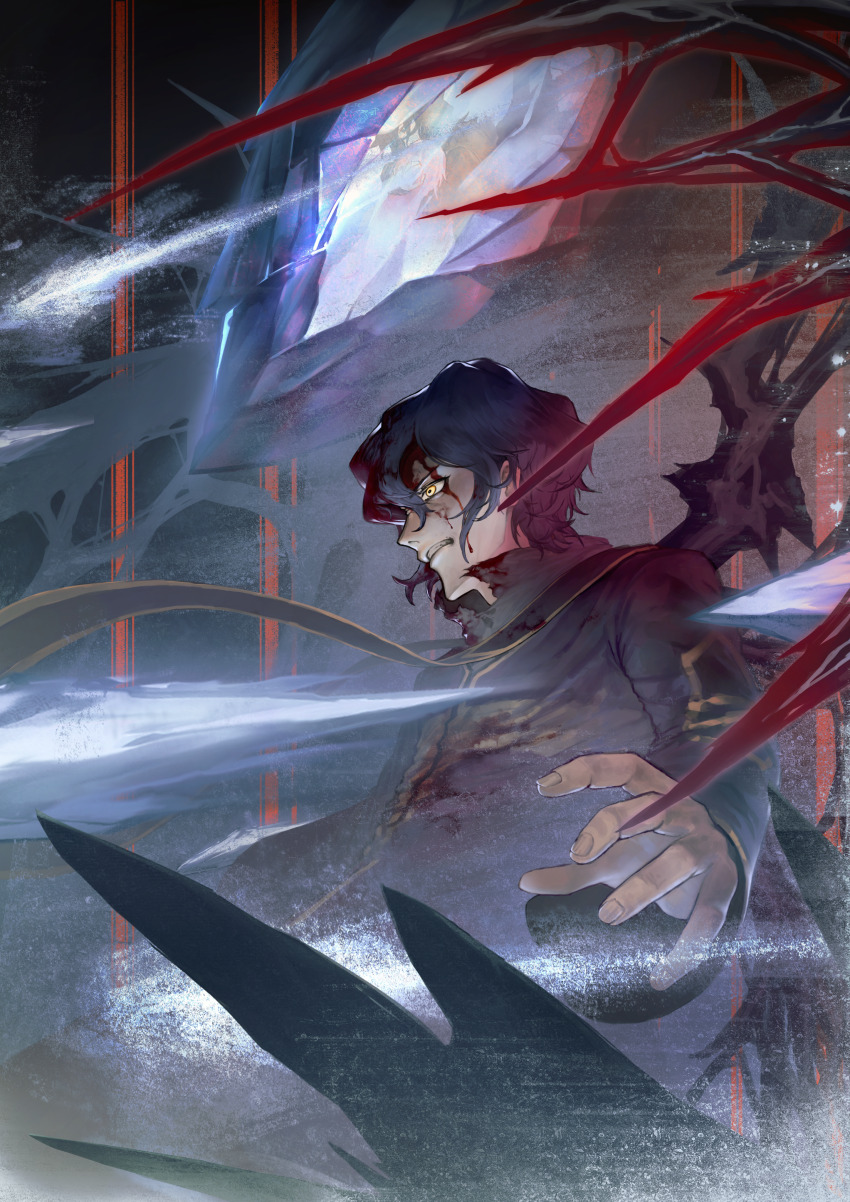 1boy, absurdres, black_coat, black_hair, blood, blood_in_hair, blood_on_clothes, blood_on_face