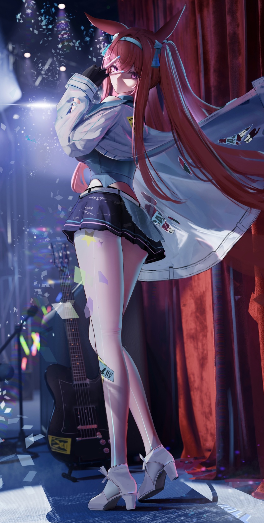 1girl, absurdres, animal_ears, aqua_hairband, aqua_shirt, arknights, black_skirt, bow