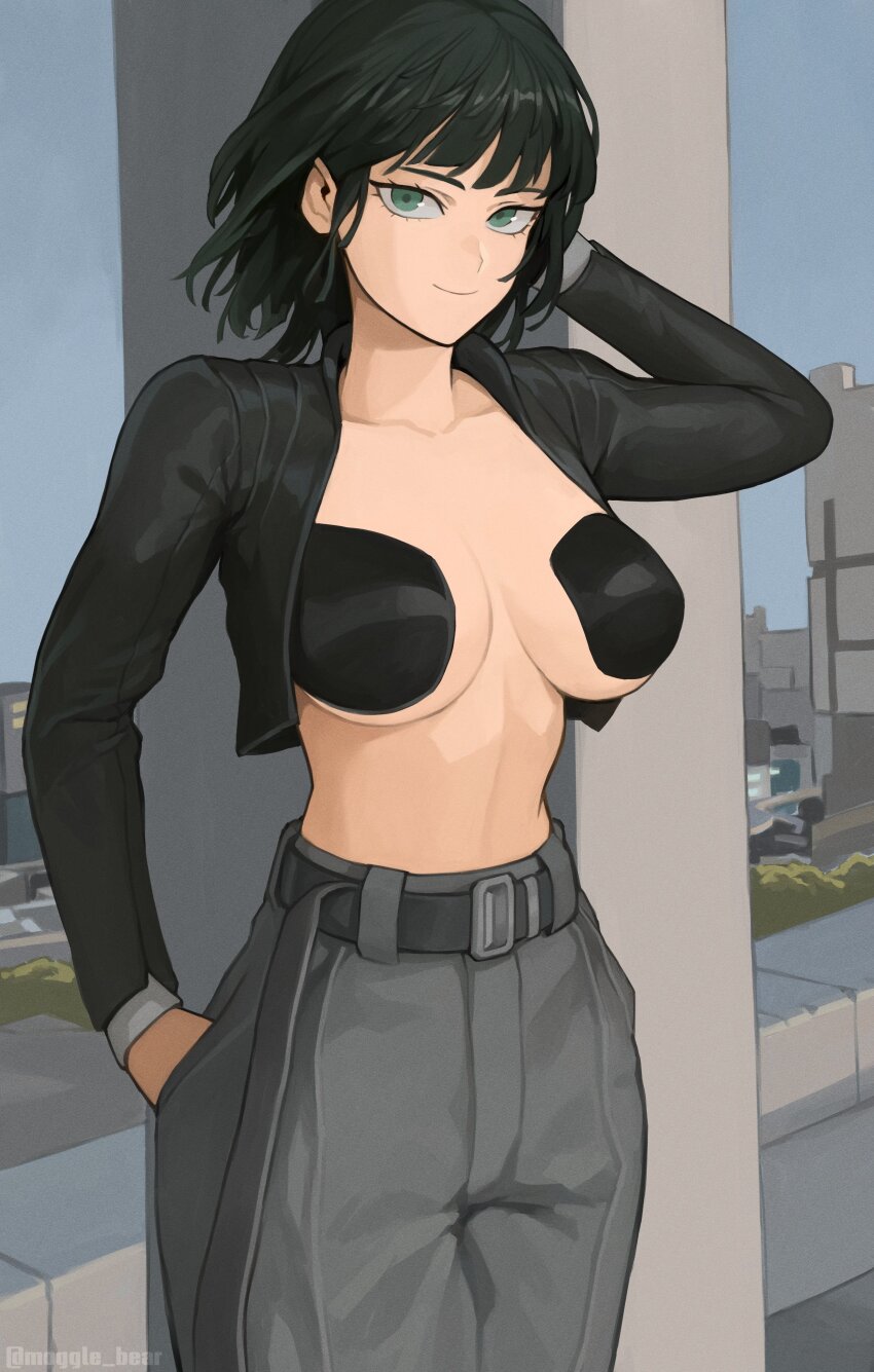 absurdres, arm_behind_head, arm_up, artist_name, belt, black_hair, black_jacket, black_pants