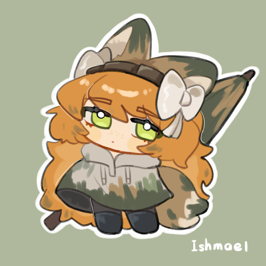 1girl, animal_ears, blush_stickers, chibi, dirty_hoodie, e.g.o_(project_moon), closed_umbrella, fox_ears