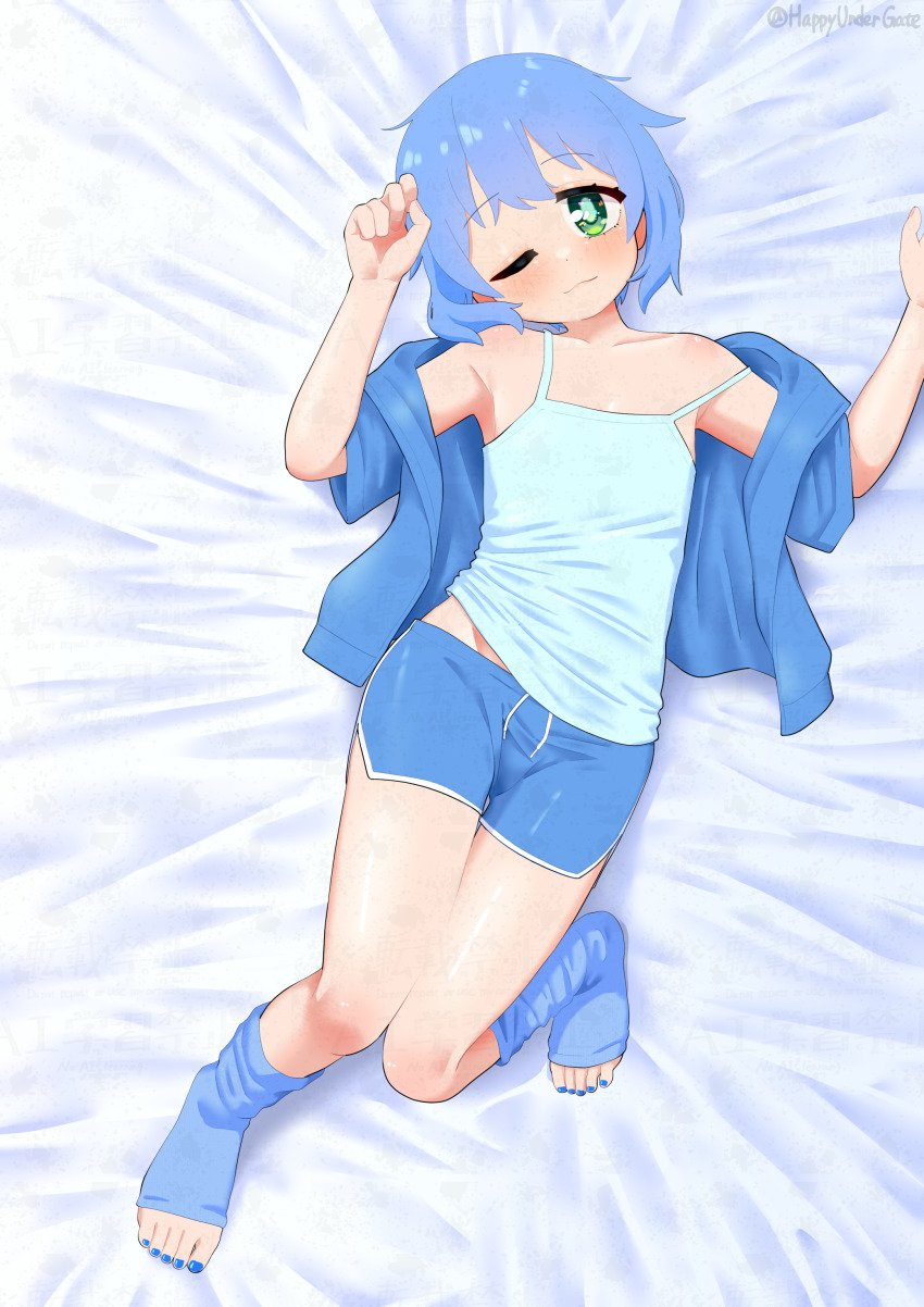 1girl, ;3, absurdres, adversarial_noise, artist_name, bare_arms, bare_legs, bare_shoulders