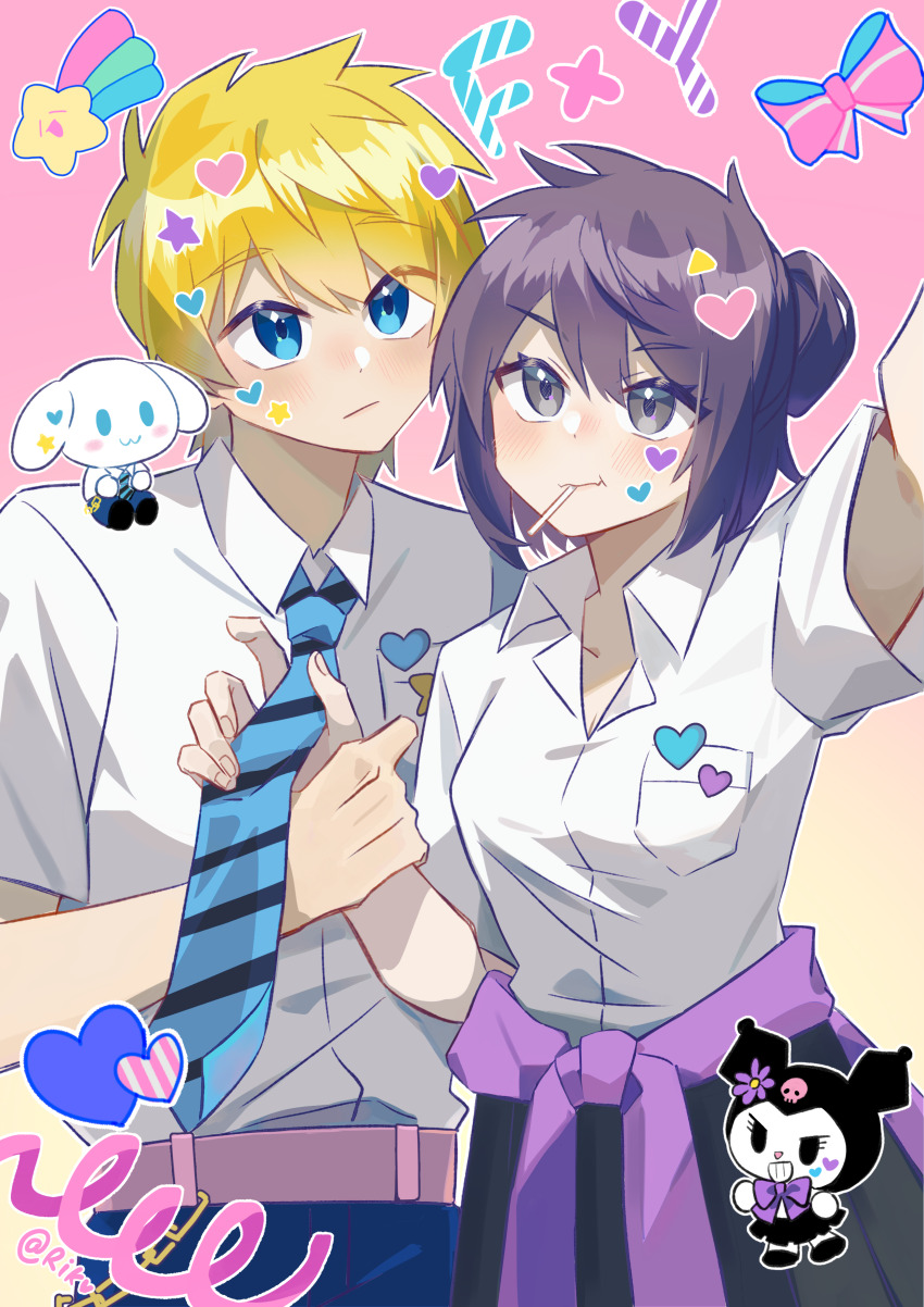 1boy, 1girl, absurdres, arm_up, belt, black_eyes, black_hair, black_skirt, blonde_hair, blue_eyes, blue_necktie, blue_pants, breast_pocket, breasts, cinnamoroll, closed_mouth, clothes_around_waist, collared_shirt, diagonal-striped_clothes, diagonal-striped_necktie, flynn_scifo, fuwa_fuwa_cinnamoroll, genderswap, genderswap_(mtf), gradient_background, gyaru, hair_bun, heart, heart_sticker, highres, holding_hands, jacket, jacket_around_waist, kogal, kuromi, medium_breasts, my_melody_(series), necktie, open_collar, outline, pants, pink_belt, pocket, purple_jacket, riko_shinkai, sanrio, school_uniform, shirt, short_hair, short_sleeves, single_hair_bun, single_side_bun, skirt, star_(symbol), star_sticker, sticker, striped_clothes, tales_of_(series), tales_of_vesperia, v-shaped_eyebrows, white_outline, white_shirt, yuri_lowell