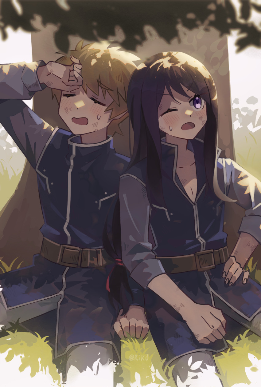 2boys, belt, black_hair, blonde_hair, blue_vest, blush, brown_belt, closed_eyes