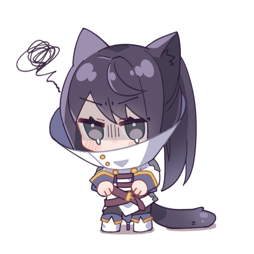 1boy, animal_ears, belt, black_eyes, black_hair, black_pants, blush_stickers, cat_boy