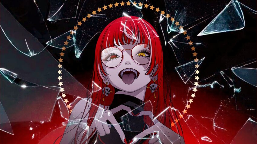 1girl, four-finger_heart_hands, alternate_costume, blunt_bangs, diamond-shaped_pupils, diamond_(shape), earrings, from_below, glass_shards, gradient_background, heart, heart_hands, heterochromia, highres, hololive, hololive_indonesia, jewelry, kureiji_ollie, long_hair, multicolored_hair, nail_polish, pale_skin, patchwork_skin, pink_streaks, portrait, red_hair, red_nails, repeony, round_eyewear, shattered, skull_earrings, sleeveless, sleeveless_turtleneck, solo, star_(symbol), stitched_face, stitches, straight_hair, streaked_hair, symbol-shaped_pupils, teeth, thick_eyelashes, tongue, tongue_out, turtleneck, two-tone_hair, virtual_youtuber, x-shaped_pupils, zombie