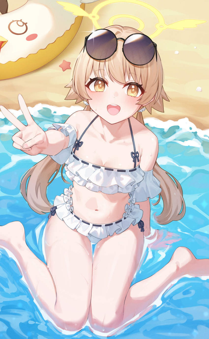 1girl, absurdres, amae, arm_at_side, beach, bikini, blonde_hair, blue_archive