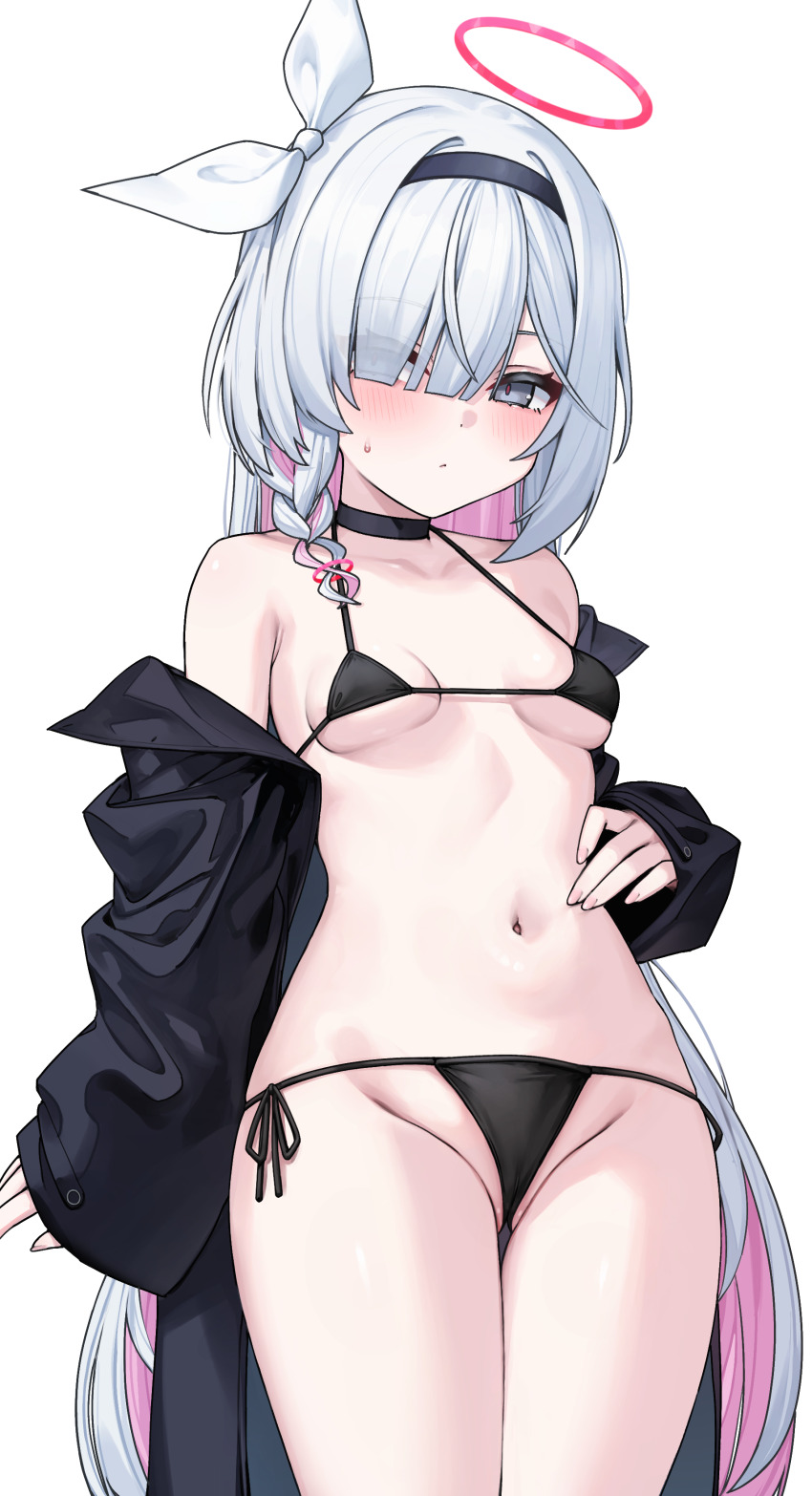 1girl, absurdres, alternate_costume, amae, bikini, black_bikini, black_choker, black_coat