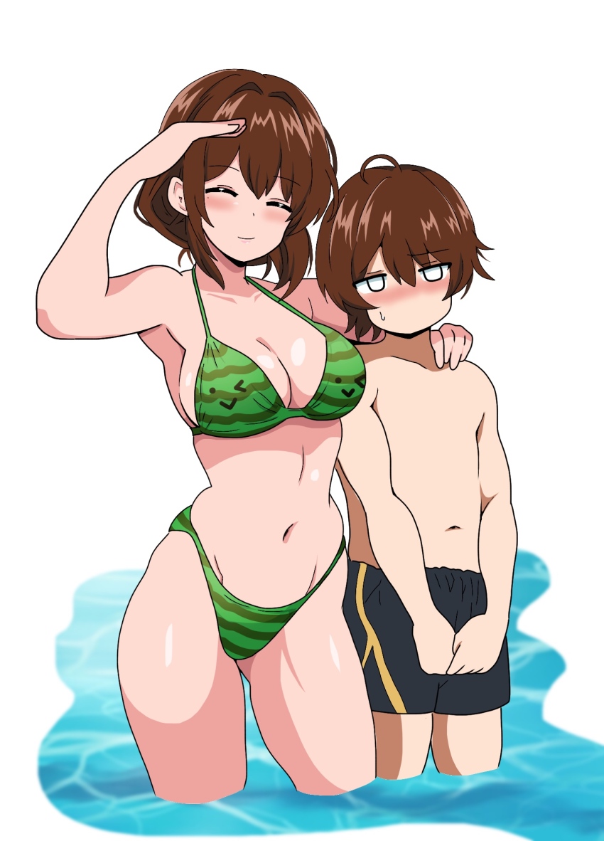 1boy, 1girl, age_difference, ahoge, bikini, black_male_swimwear, black_shorts, breasts, brown_hair, cleavage, closed_eyes, commentary_request, contrapposto, green_bikini, hand_on_another's_shoulder, highleg, highleg_bikini, highres, kinako_mochi_(pixiv100419090), large_breasts, male_swimwear, mature_female, mother_and_child, mother_and_son, navel, o_o, onee-shota, original, parent_and_child, salute, short_hair, shorts, smile, striped_bikini, striped_clothes, swim_trunks, swimsuit, wading, water