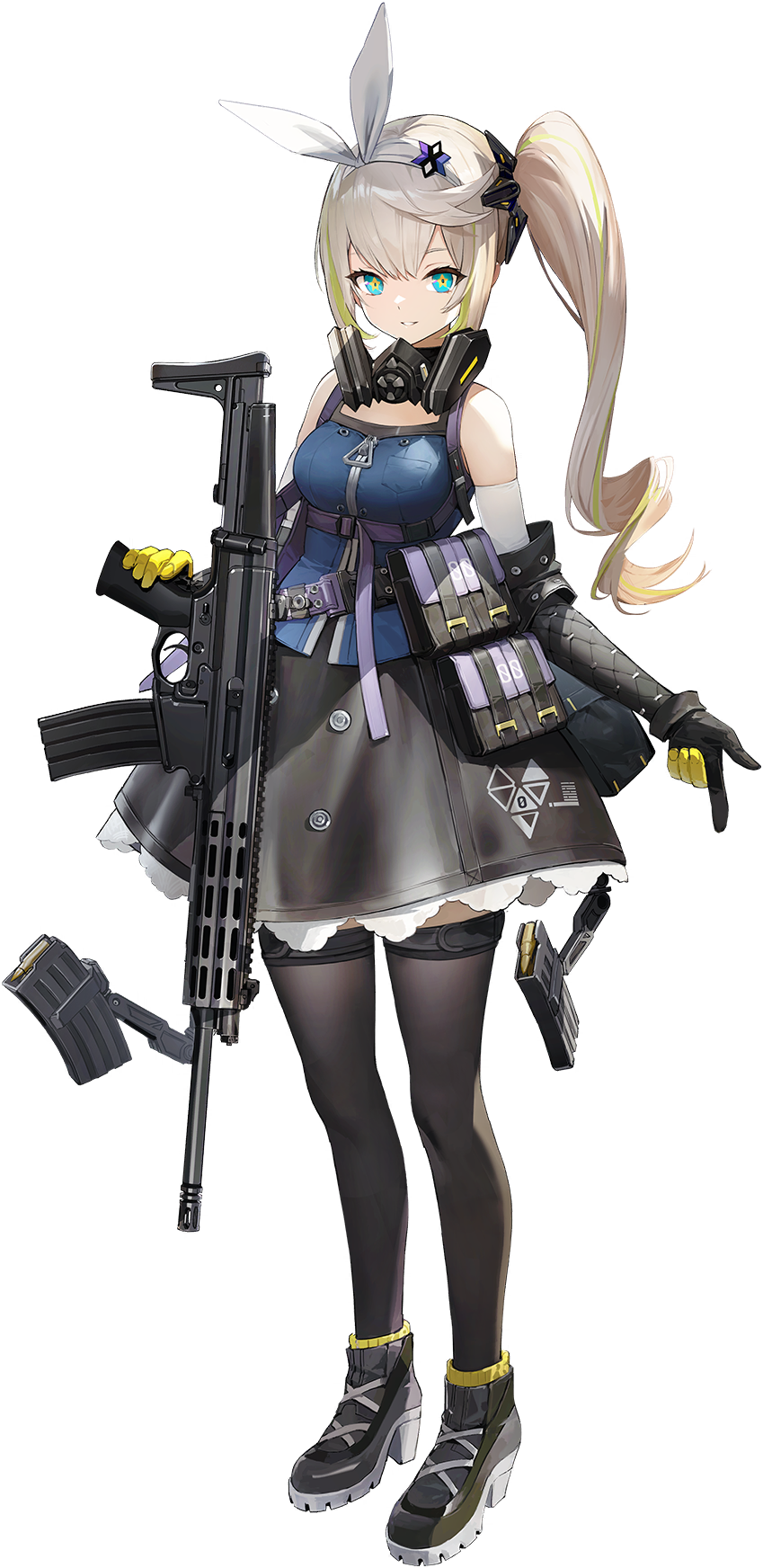 1girl, ammunition, assault_rifle, bare_shoulders, battle_rifle, black_footwear, black_skirt, black_thighhighs, bullet, full_body, fully_powered_cartridge, gas_mask, girls'_frontline, girls'_frontline_2:_exilium, gloves, gun, hairband, highres, holding, holding_gun, holding_weapon, long_hair, looking_at_viewer, mask, multicolored_hair, official_art, parted_lips, rifle, rifle_cartridge, robinson_armaments_xcr, robinson_armaments_xcr-m, sharkry_(girls'_frontline_2), side_ponytail, skirt, smile, solo, standing, symbol-shaped_pupils, thighhighs, transparent_background, weapon, white_hairband
